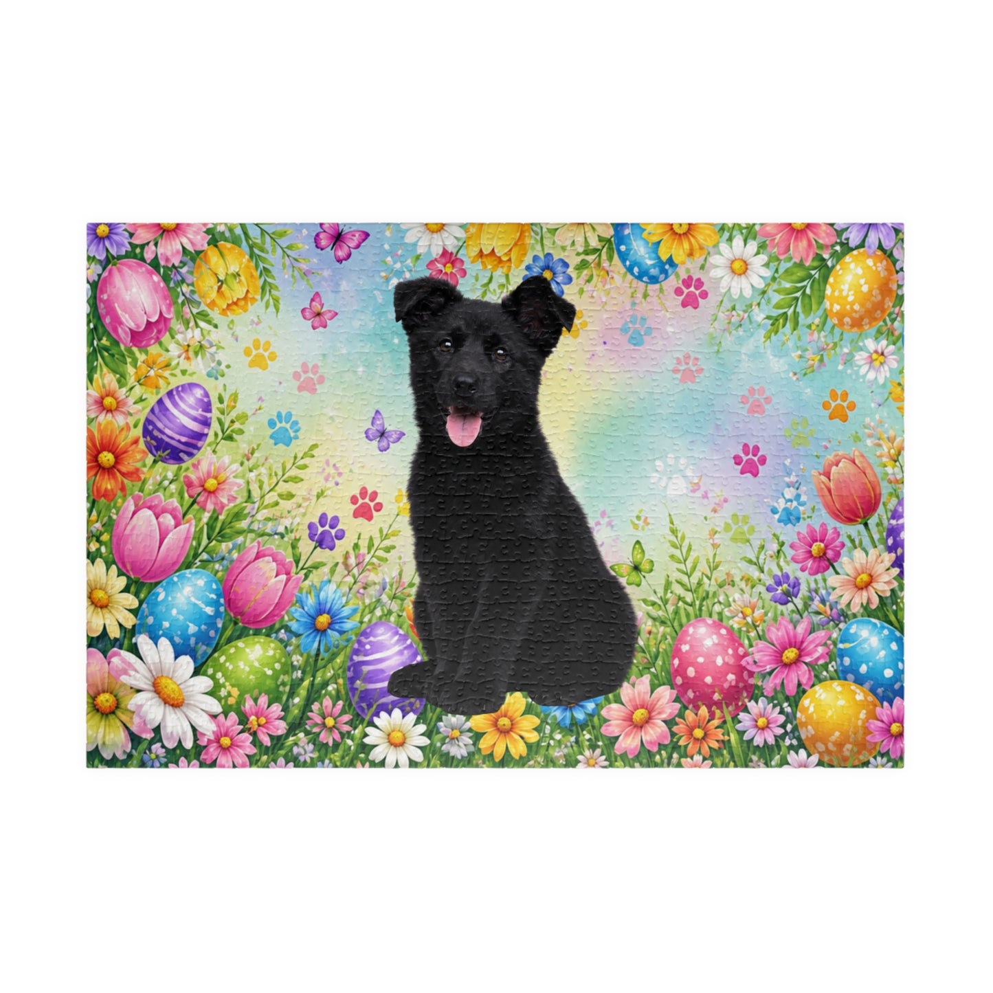 German Shepherd (Black) Easter Puppy Puzzle - Bold Spring Garden with Eggs and Blooms