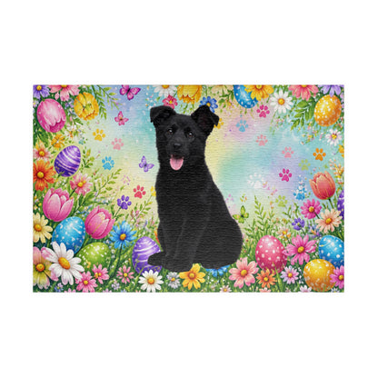 German Shepherd (Black) Easter Puppy Puzzle - Bold Spring Garden with Eggs and Blooms