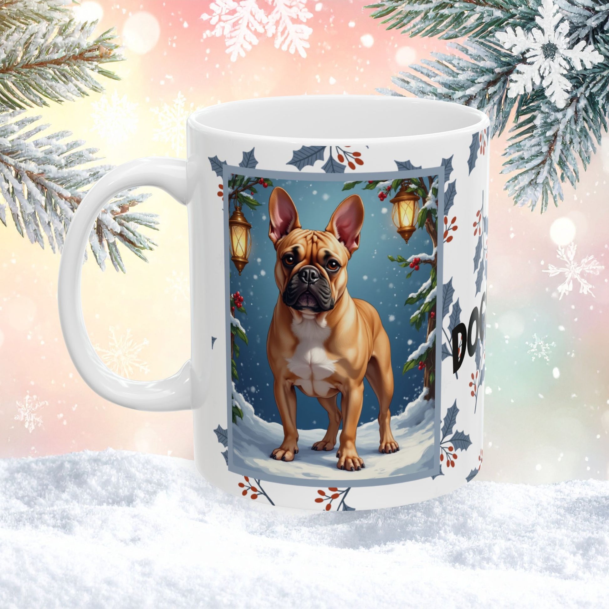 French Bulldog (Fawn) Winter Mug - fawn French Bulldog illustrated standing in a festive winter scene with pine branches