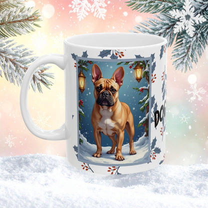 French Bulldog (Fawn) Winter Mug - fawn French Bulldog illustrated standing in a festive winter scene with pine branches