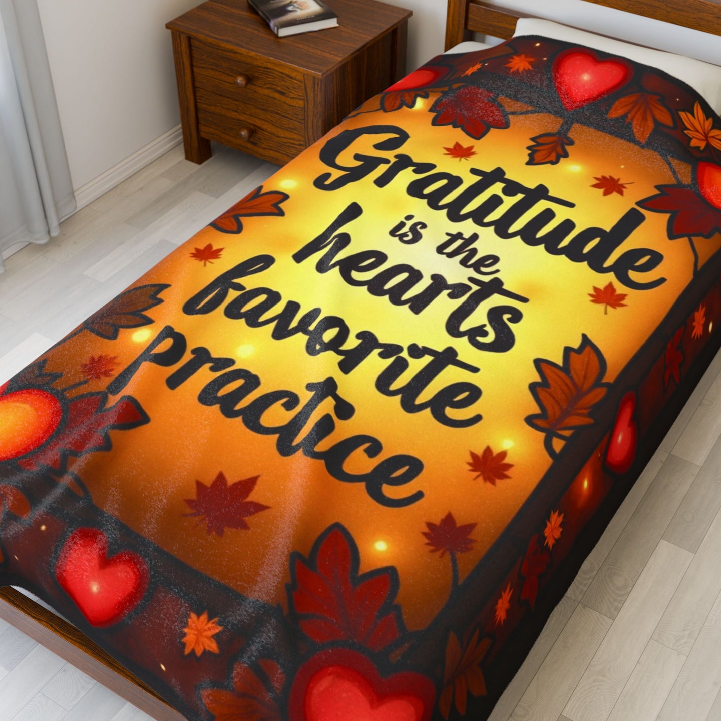 Mindful fall blanket with “Gratitude Is the Heart’s Favorite Practice,” warm calming tones and fall décor.