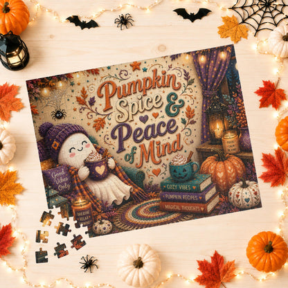 Pumpkin Spice and Peace of Mind Halloween Puzzle - Cozy Ghost with Heart Mug, Good Vibes Pillow, and Pumpkin Recipe Books