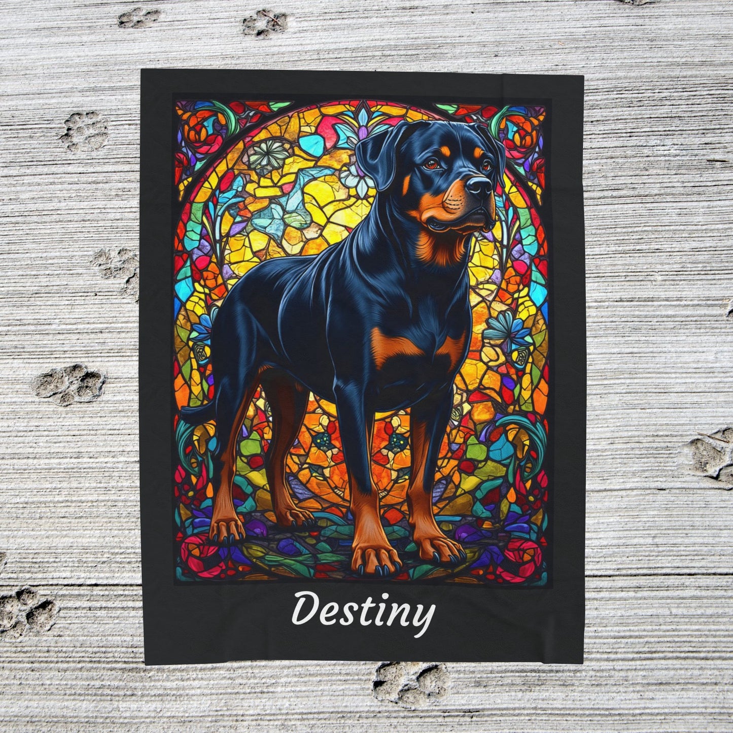 Rottweiler Black & Rust Coat Blanket, Velveteen Plush Stained Glass Dog Throw, Custom Pet Lover Gift