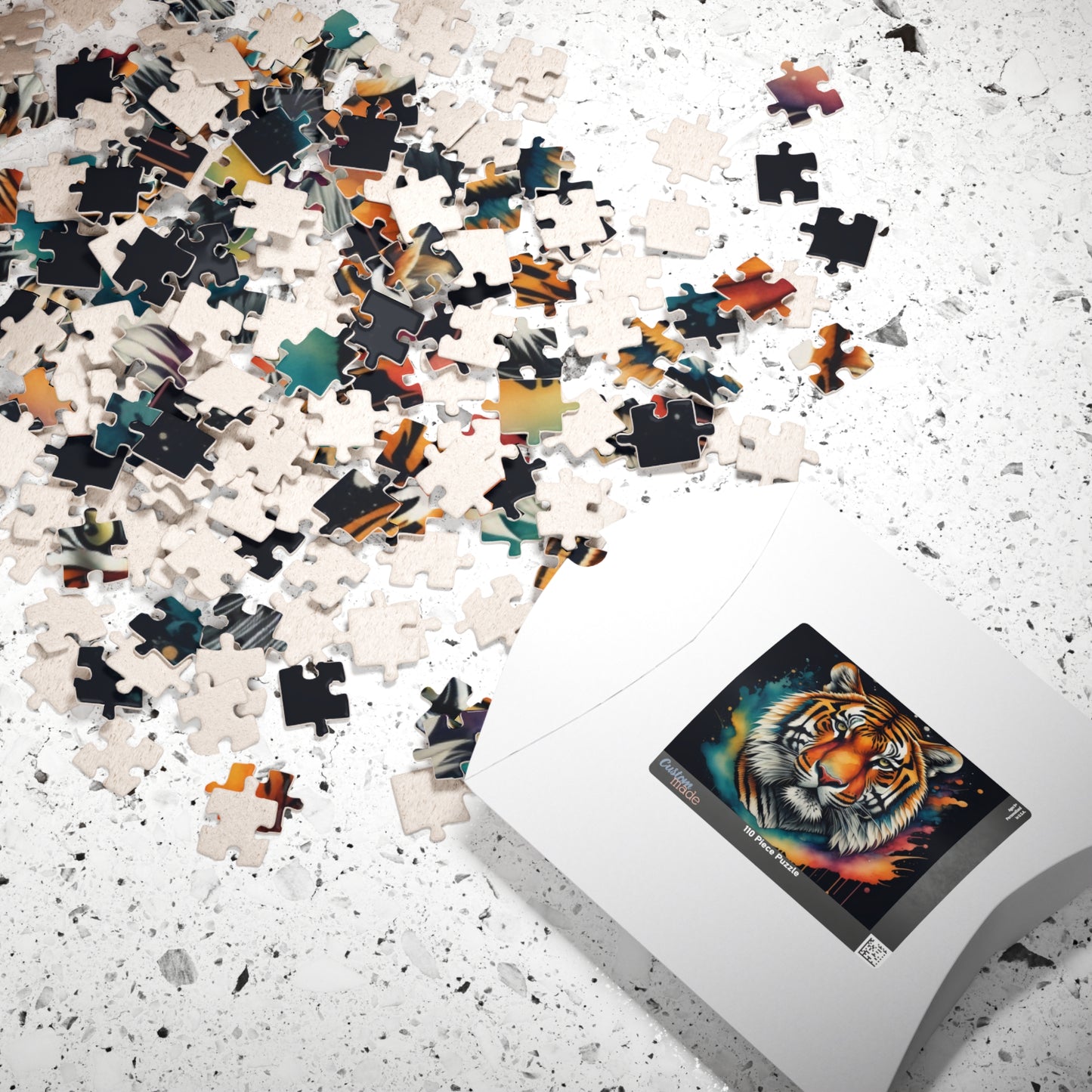Tiger Tranquility - Front-Facing Tiger Puzzle with Cosmic Teal and Orange Splashes on Dark Background