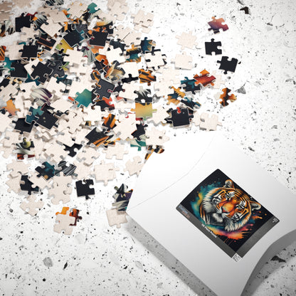 Tiger Tranquility - Front-Facing Tiger Puzzle with Cosmic Teal and Orange Splashes on Dark Background