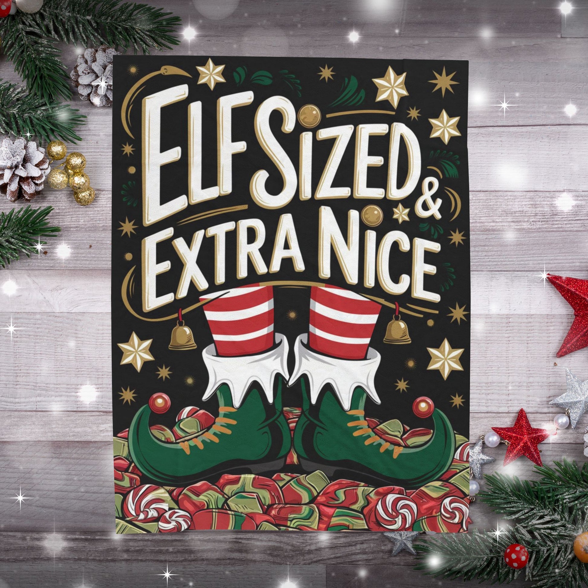 Cute Christmas blanket “Elf Sized & Extra Nice” cozy holiday throw for festive winter comfort