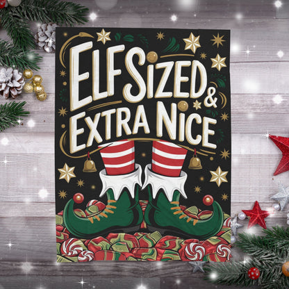 Cute Christmas blanket “Elf Sized & Extra Nice” cozy holiday throw for festive winter comfort