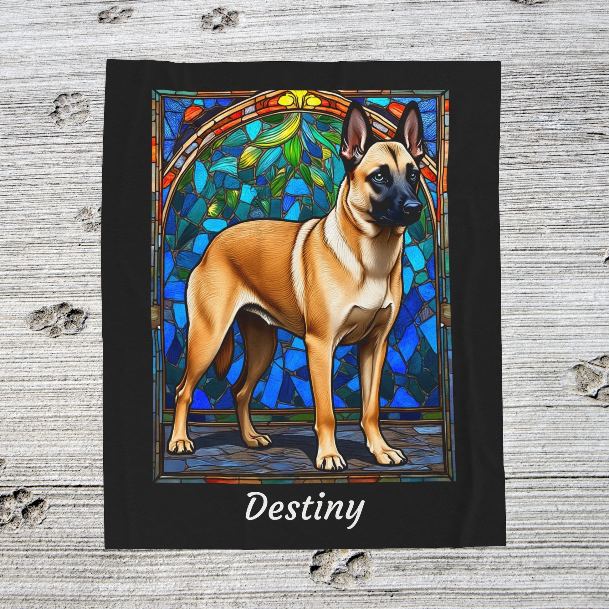 Belgian Malinois cream sable velveteen blanket, custom dog throw, personalized stained glass gift - MySisterIsASurvivor