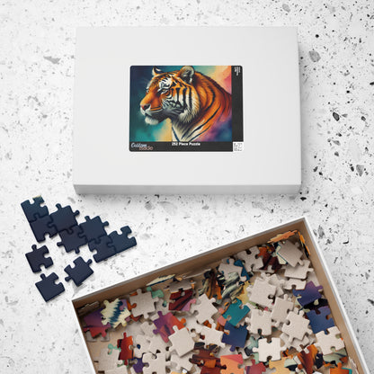 Striped Serenity - Painterly Tiger Side Profile Puzzle with Teal and Peach Gradient Background