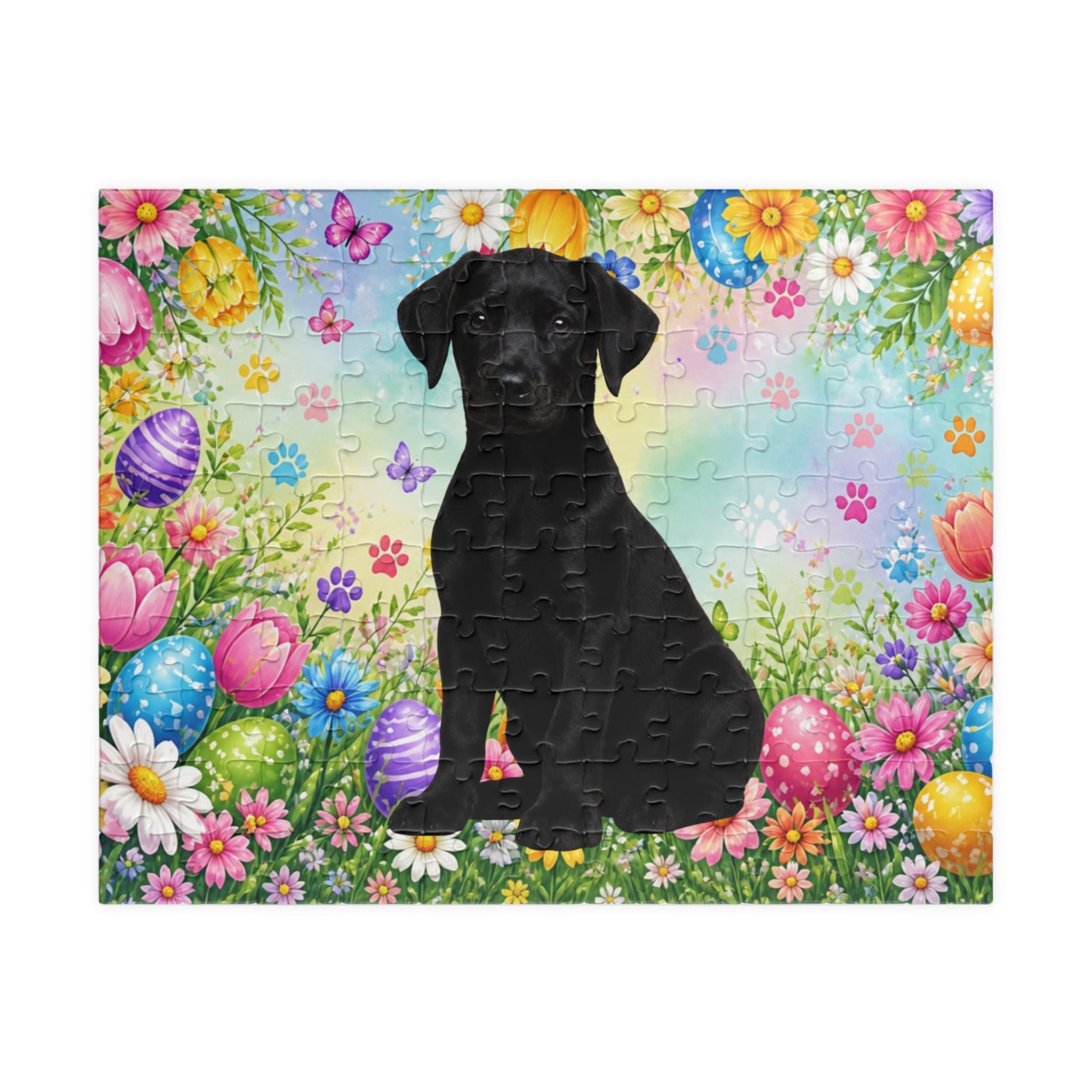 Doberman (Black) Easter Puppy Puzzle - Spring Flowers, Easter Eggs, and Butterflies