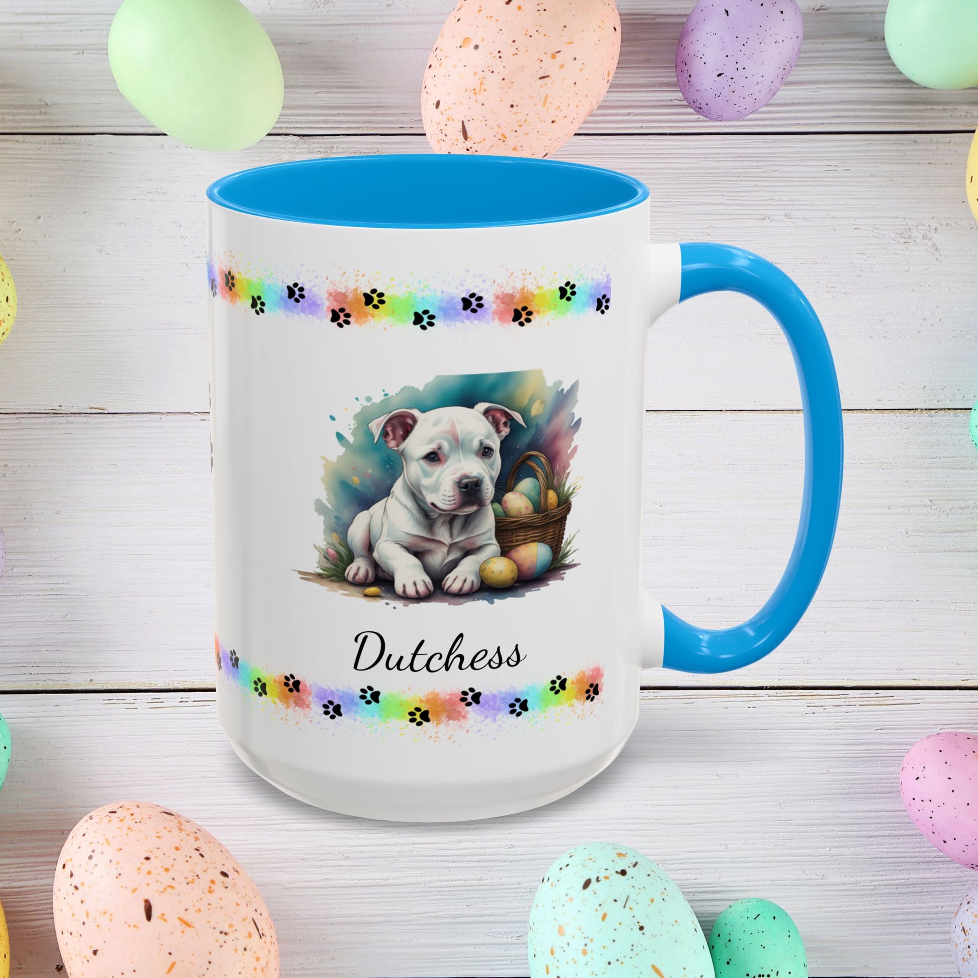 Pitbull (White): Personalized Easter Puppy Coffee Mug - Adorable Dog Design, Mental Health Gift, 11oz & 15oz, 12 Color Choices, Easter Gifts & Décor