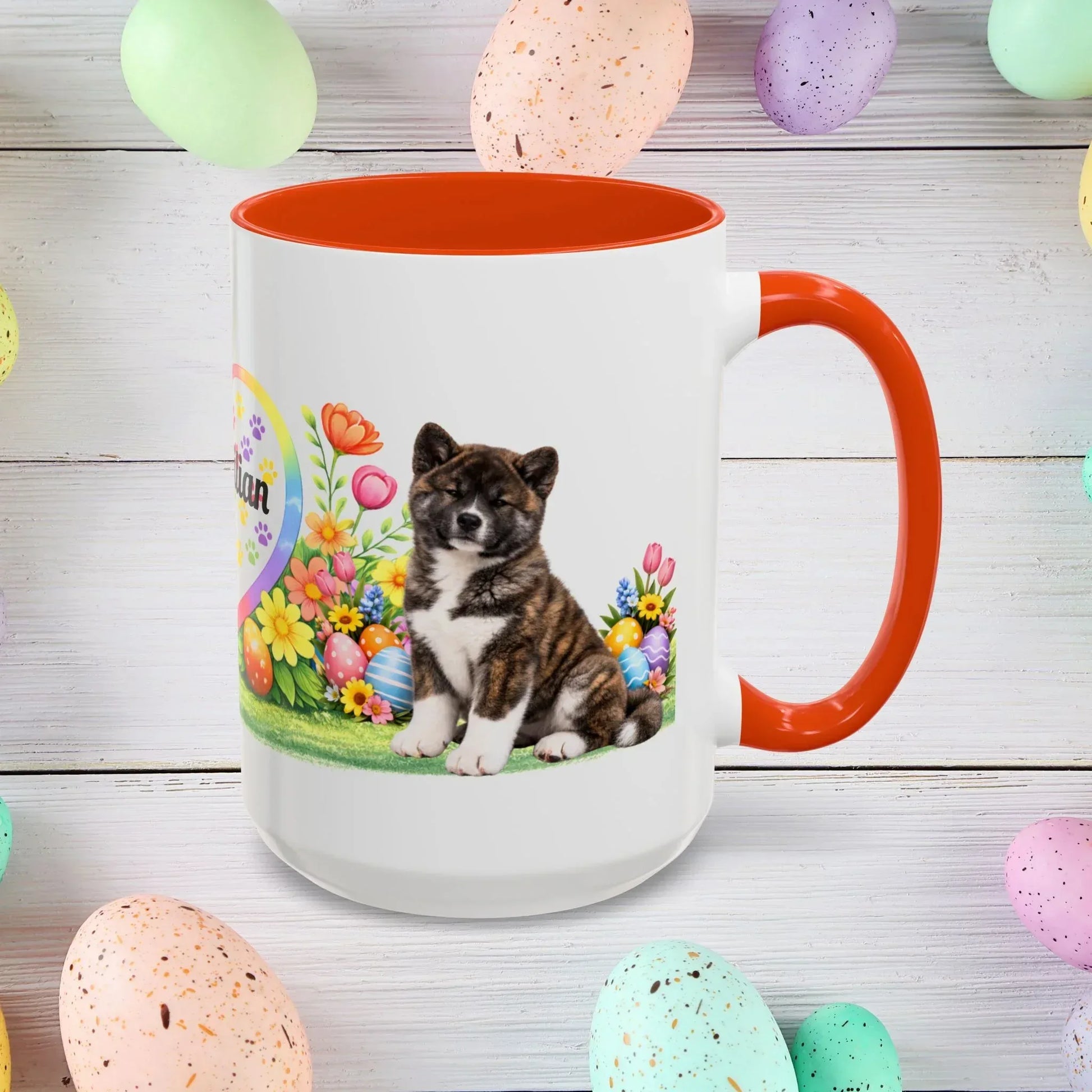 Shop our akita brindle puppy easter mug featuring the 15oz style option from MySisterIsASurvivor.