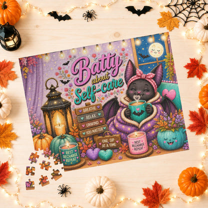 Batty About Self-Care Halloween Puzzle - Cozy Bat with Warm Mug, Blanket, and Rest Recharge Repeat
