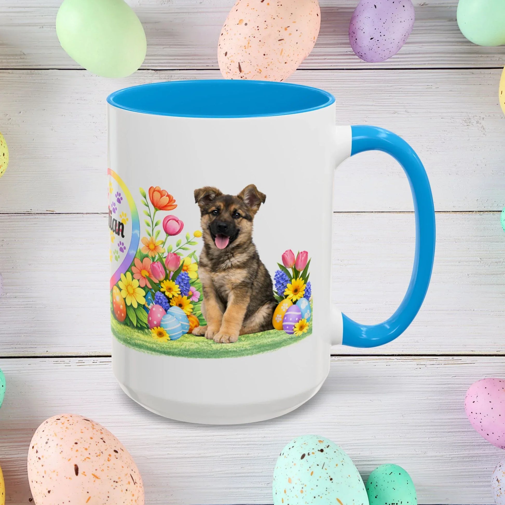 Shop our german shepherd sable puppy easter mug featuring the 15oz style option from MySisterIsASurvivor.