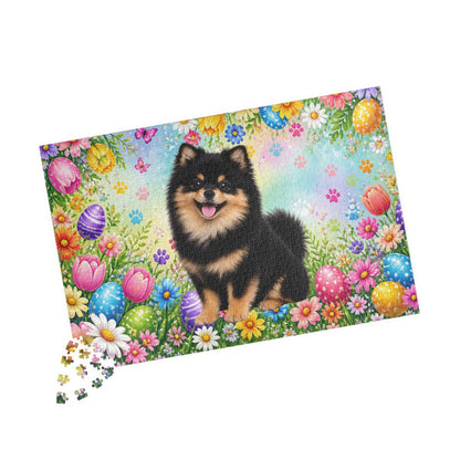 Pomeranian (Black & Tan) Easter Puppy Puzzle - Spring Garden with Eggs, Tulips, and Daisies