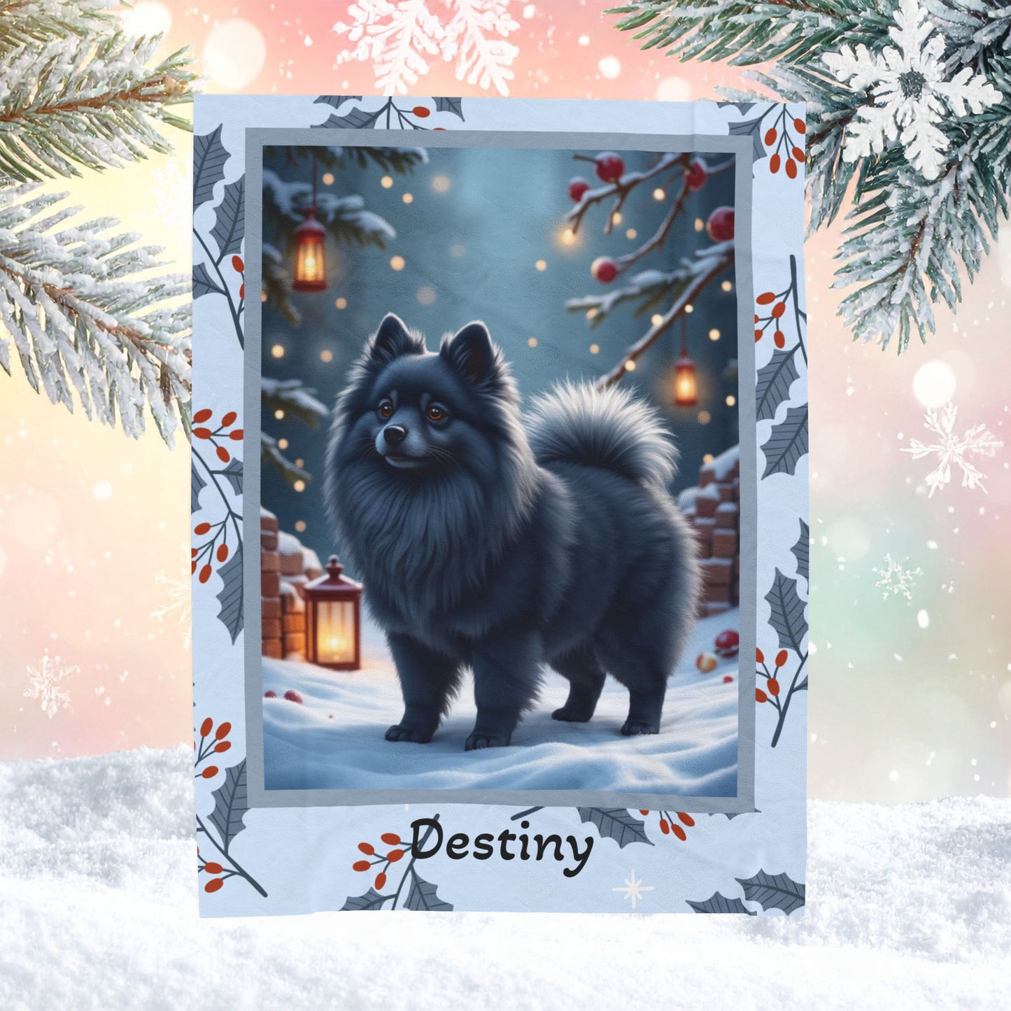 Pomeranian Blue custom winter blanket showing a rare blue Pom in a cheerful lodge-style winter illustration