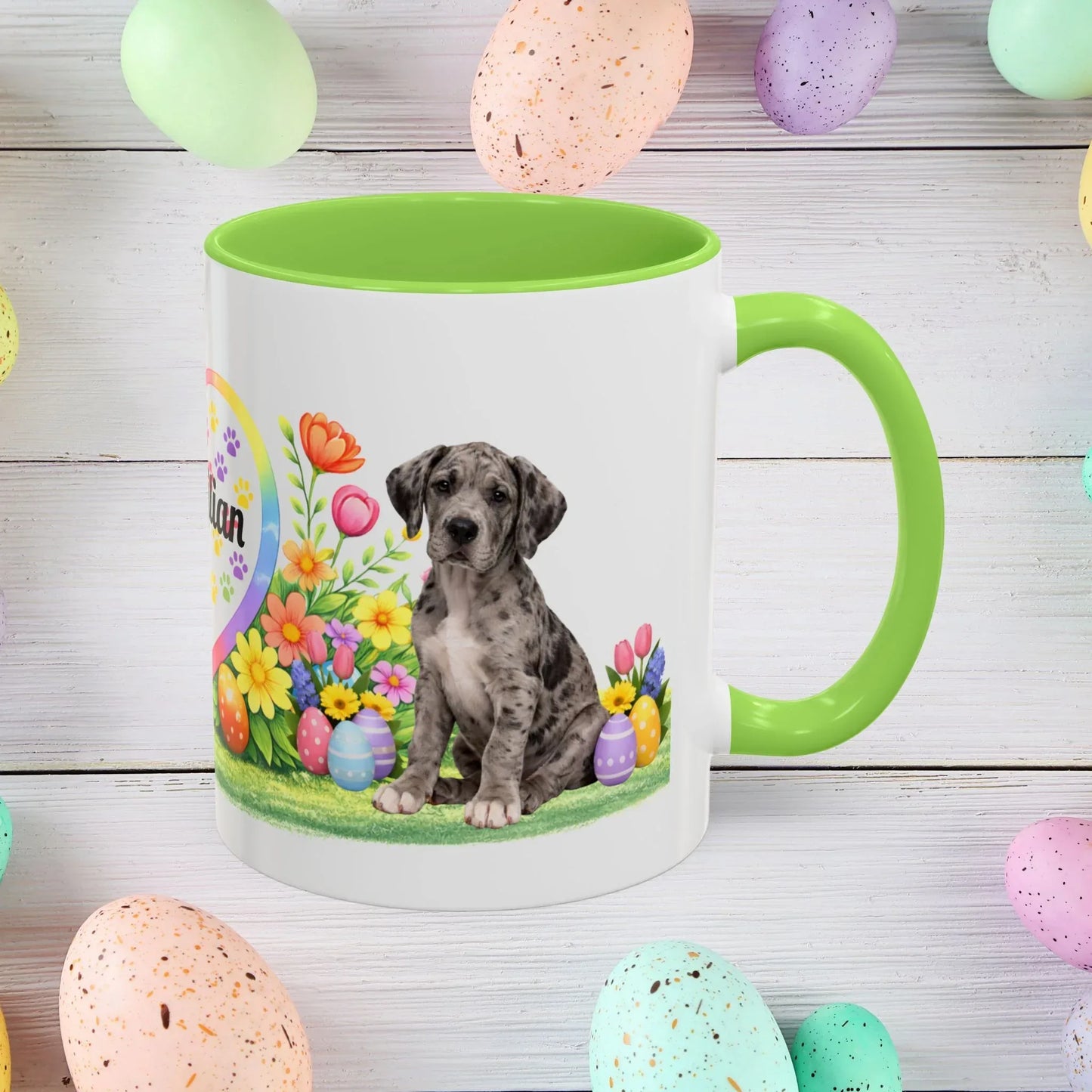 Shop our great dane merle puppy easter mug featuring the 11oz style option from MySisterIsASurvivor.