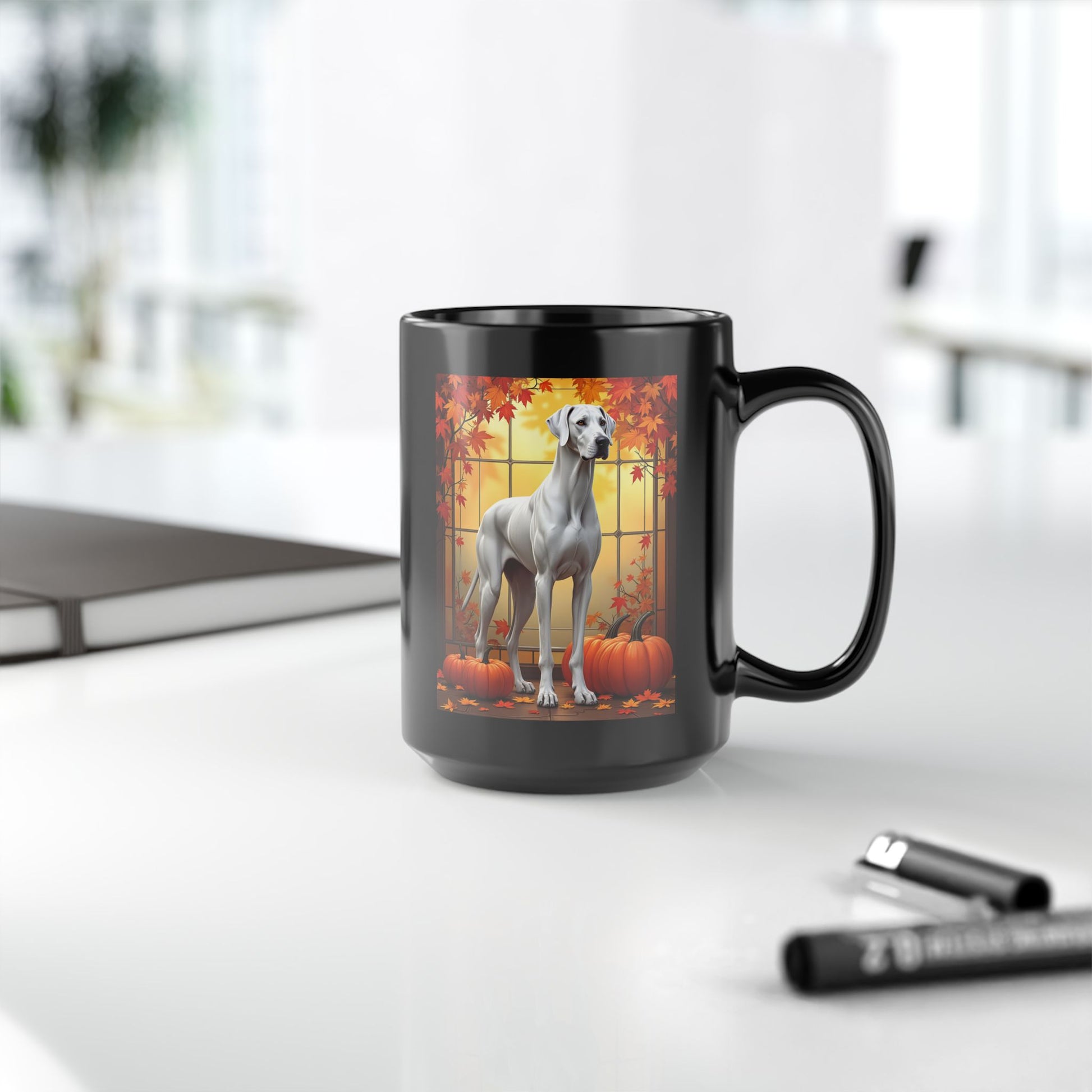 Great Dane White - Autumn coffee mug, custom dog lover cup, Great Dane gift for owners