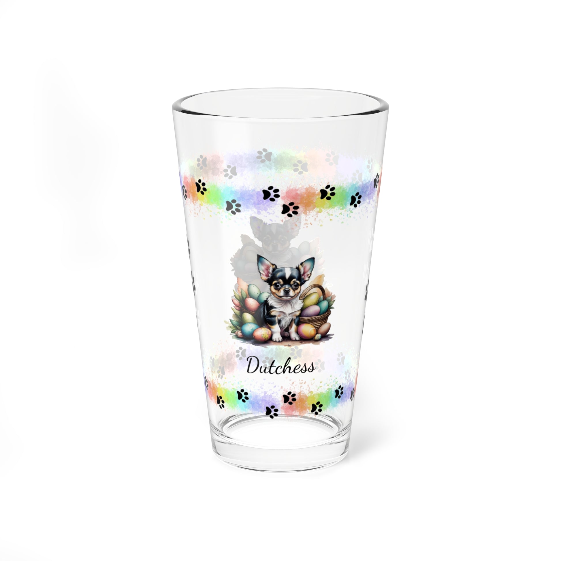 Chihuahua (Blue Tri) Personalized Easter Puppy 16oz Pint Glass - Custom Dog Design, Mental Health Gift, Easter Décor, and Festive Celebrations