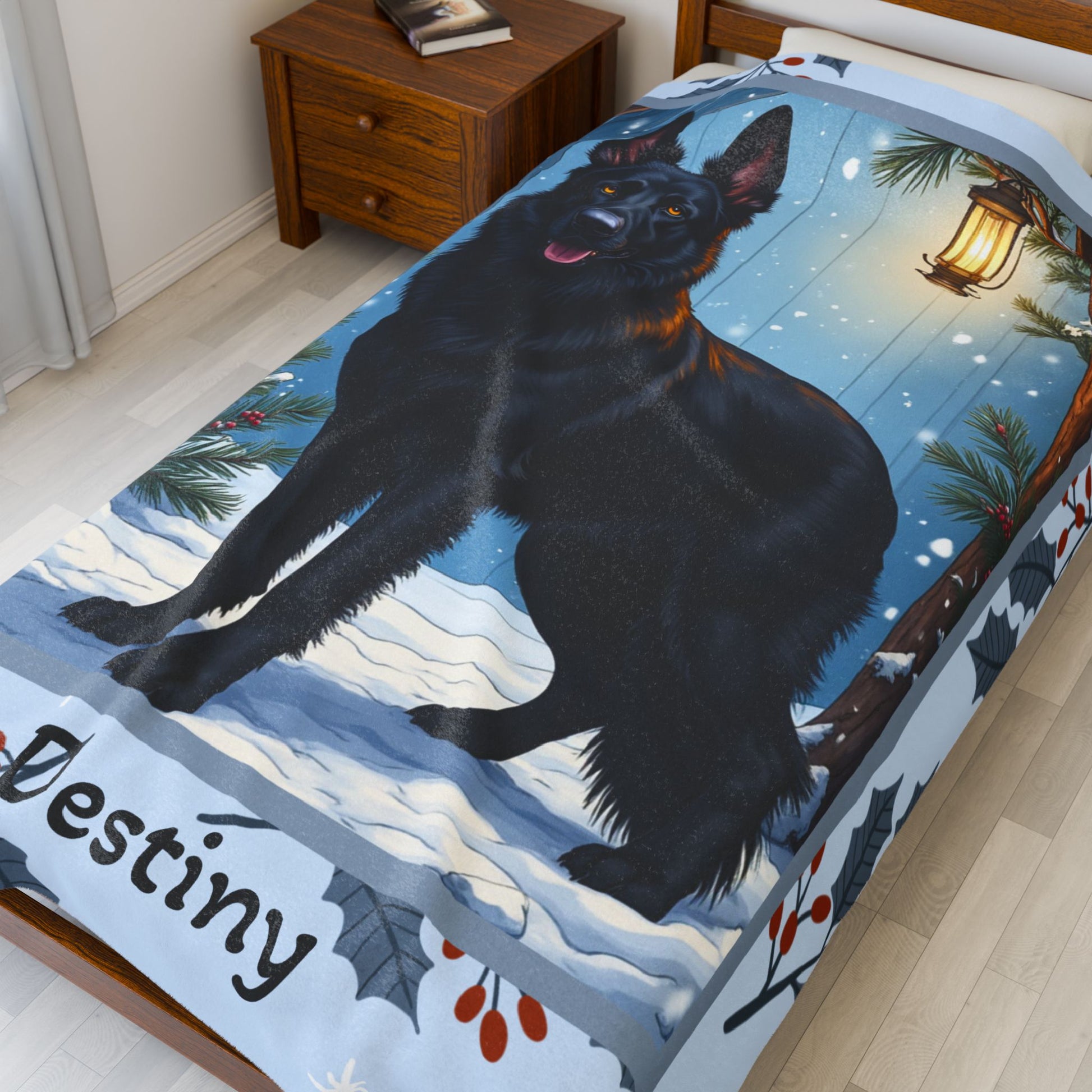 German Shepherd Black custom winter blanket with strong German Shepherd artwork in a cozy snowy lodge scene