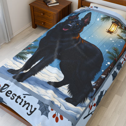 German Shepherd Black custom winter blanket with strong German Shepherd artwork in a cozy snowy lodge scene