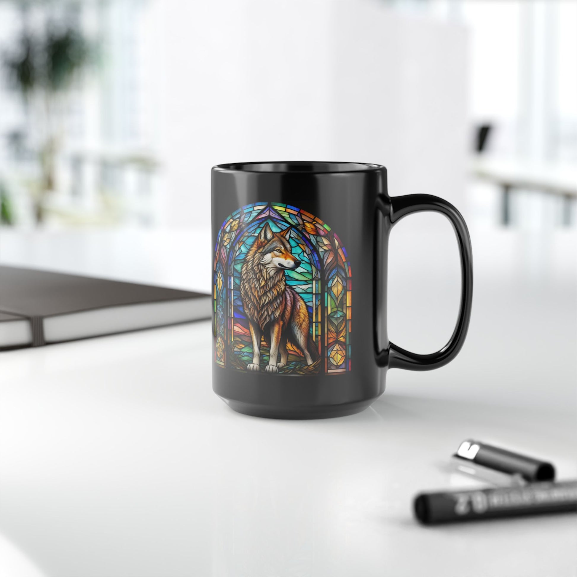 Wolf Personalized Mug, Stained Glass Zoo Animal Design, Unique Ceramic Gift for Wildlife Lovers, Coffee, Tea, & Hot Chocolate Cup