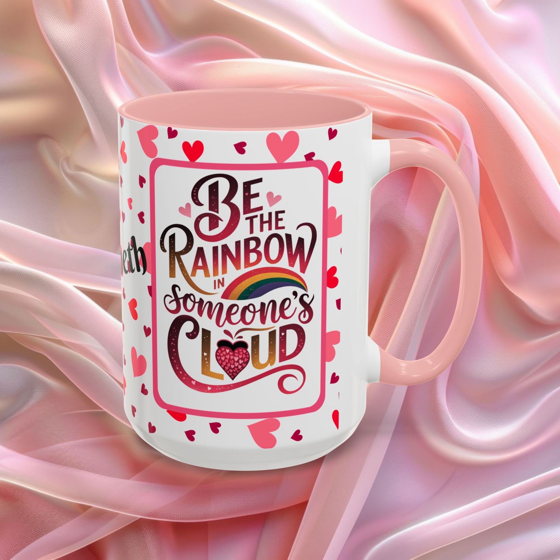 Be The Rainbow Valentines affirmation mug with uplifting message, colorful Valentine themed ceramic coffee cup