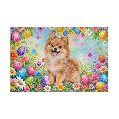 Pomeranian (Orange Merle) Easter Puppy Puzzle - Spring Garden with Eggs, Tulips, and Daisies