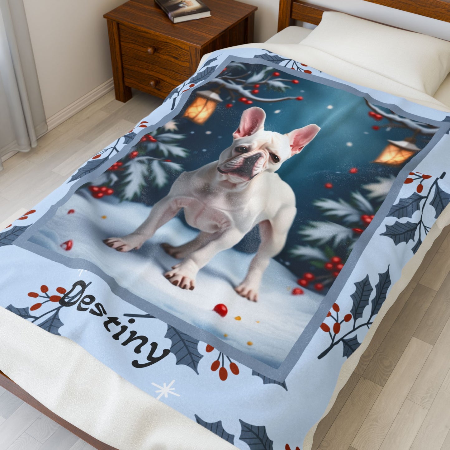 French Bulldog White custom winter blanket featuring a Frenchie in a bright lodge-style winter illustration
