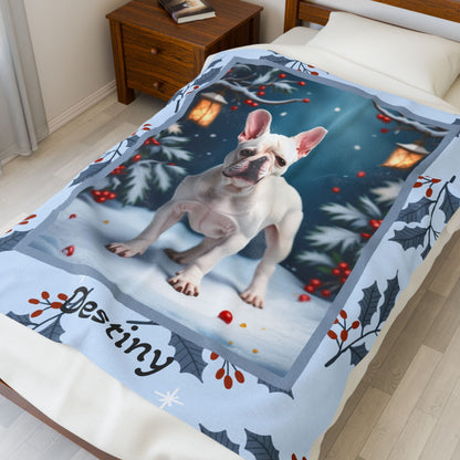 French Bulldog White custom winter blanket featuring a Frenchie in a bright lodge-style winter illustration