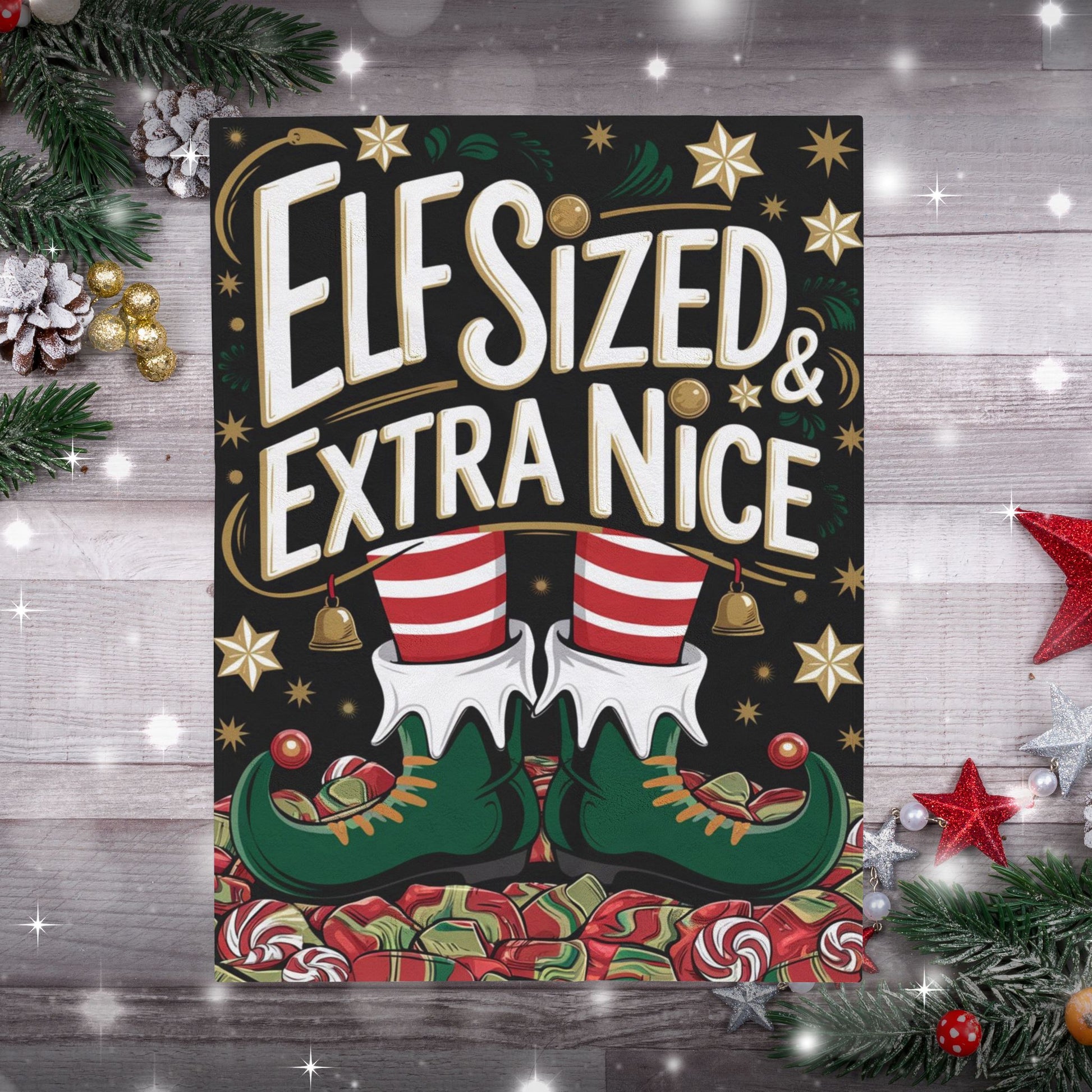 Cute Christmas blanket “Elf Sized & Extra Nice” cozy holiday throw for festive winter comfort
