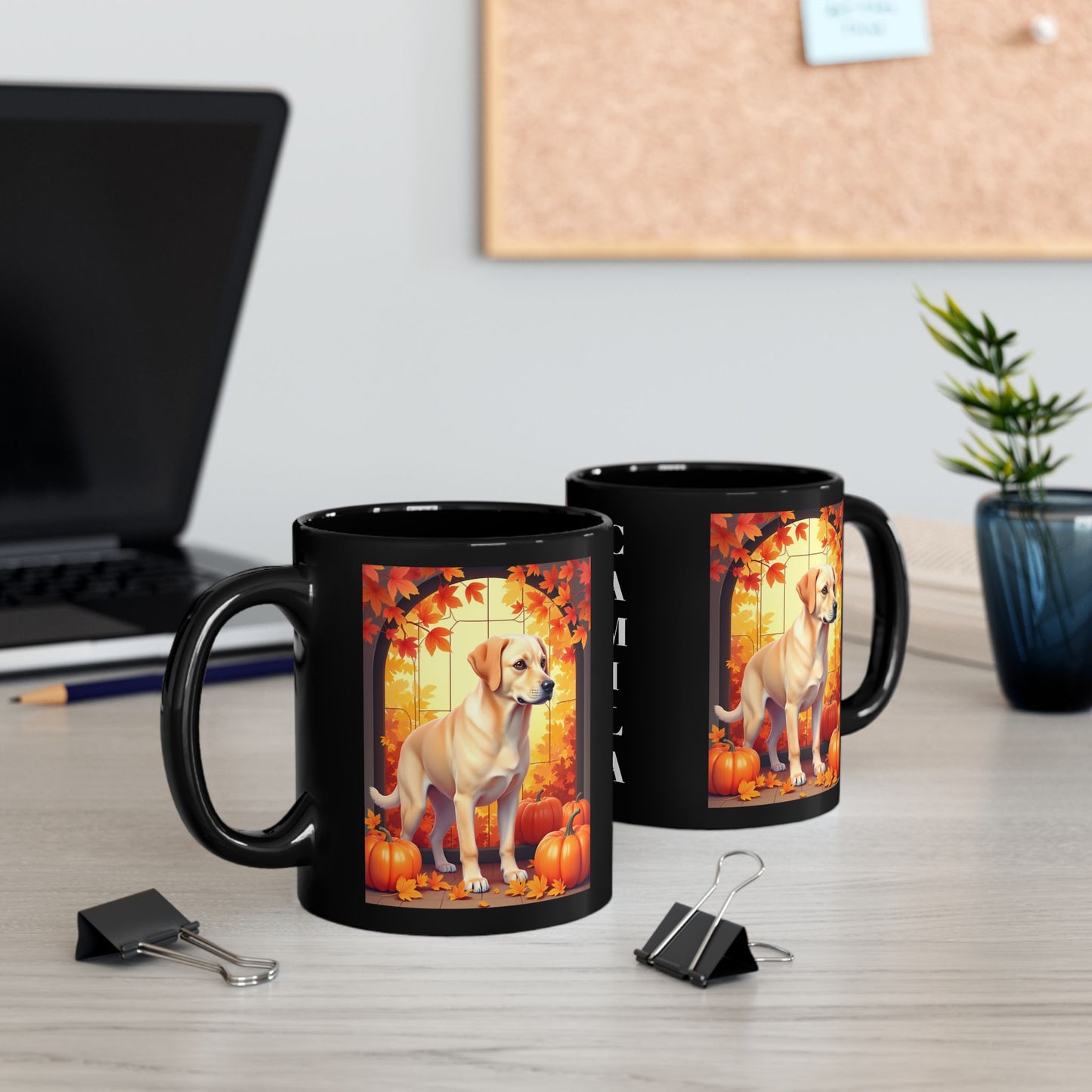 Yellow Labrador autumn mug, custom personalized coffee cup, cozy fall dog lover gift - MySisterIsASurvivor
