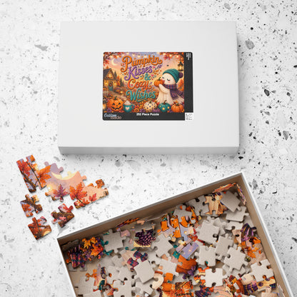Pumpkin Kisses & Cozy Wishes Halloween Puzzle - Beanie Ghost with Pumpkins, Heart Mug, and Fall Leaves