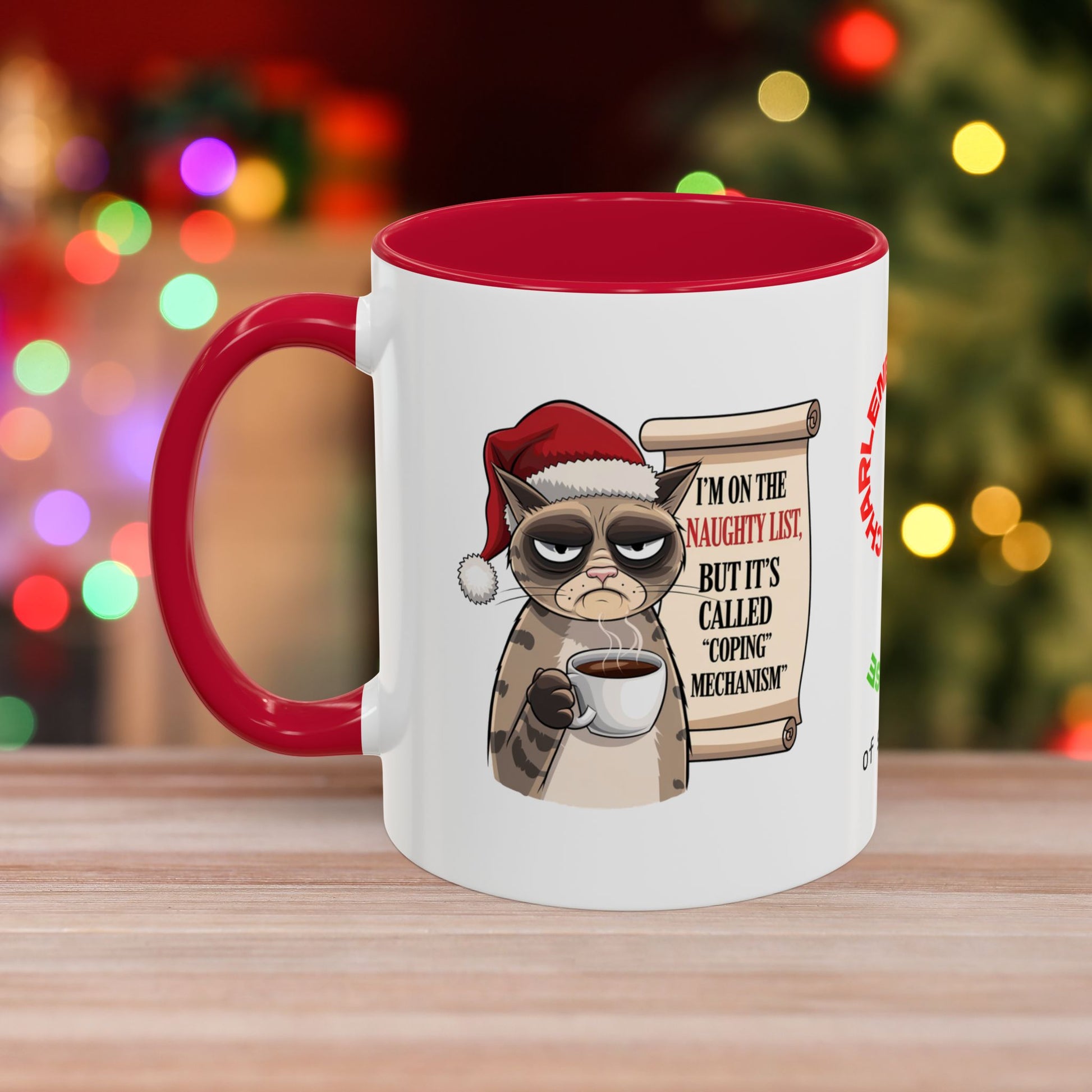 I'm On The Naughty List, But It's Called 'Coping Mechanism' - Christmas Mug with Cat Design and Accent Color