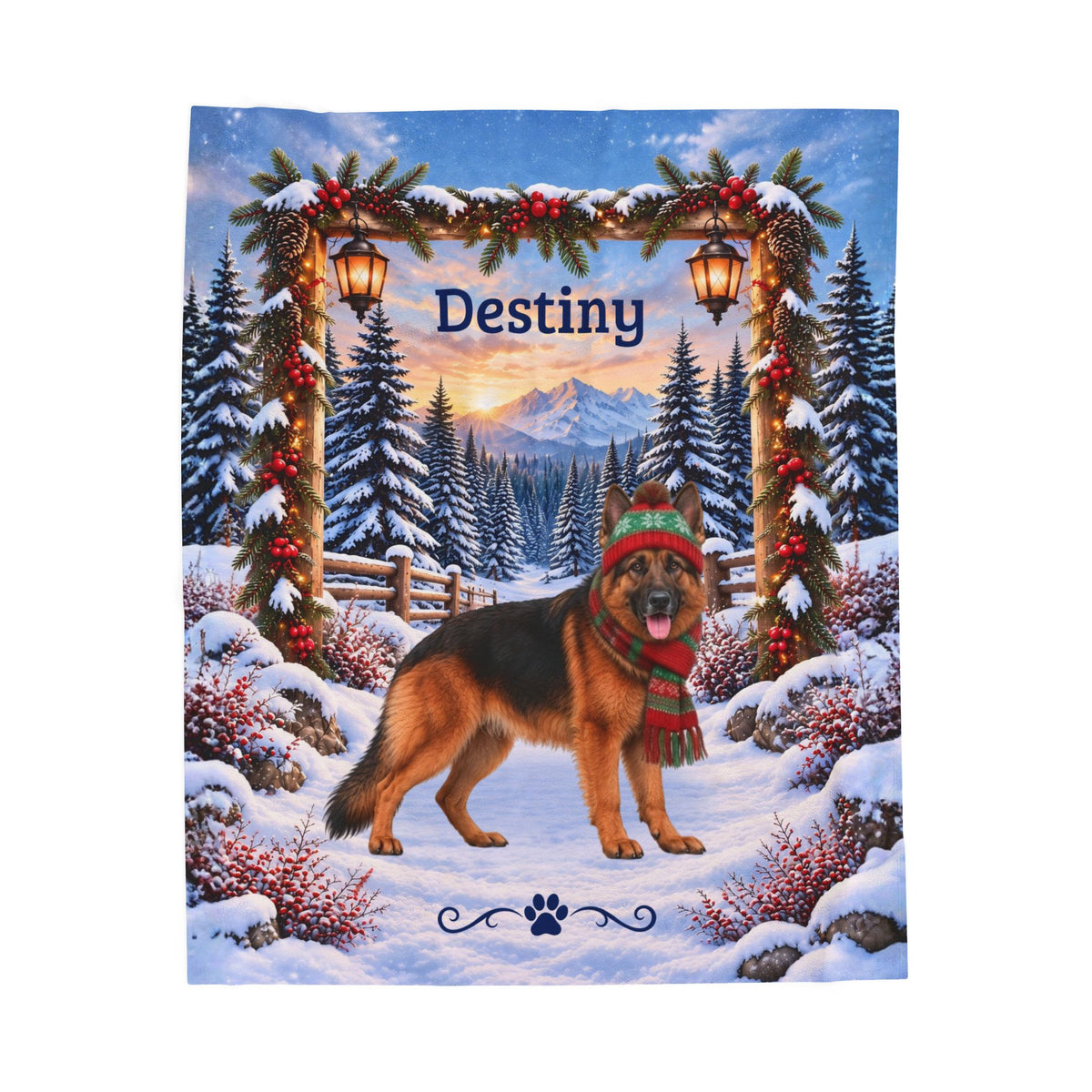 German Shepherd (Black & Red Coat) - Personalized Winter Mountain Blanket, Custom Name Velveteen Throw - MySisterIsAsurvor