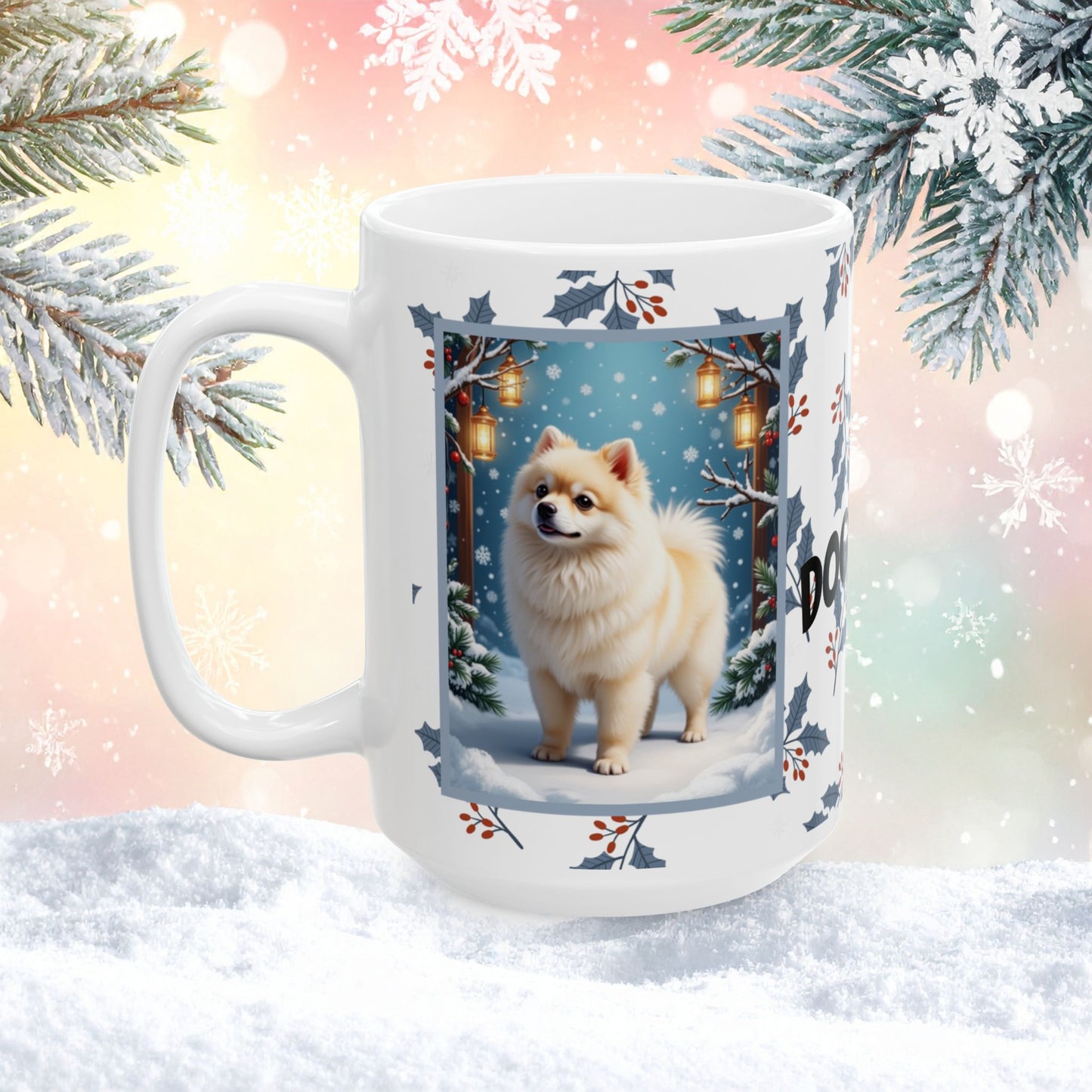 Pomeranian (White & Cream) Winter Mug - white and cream pomeranian artwork standing in a snowy winter setting