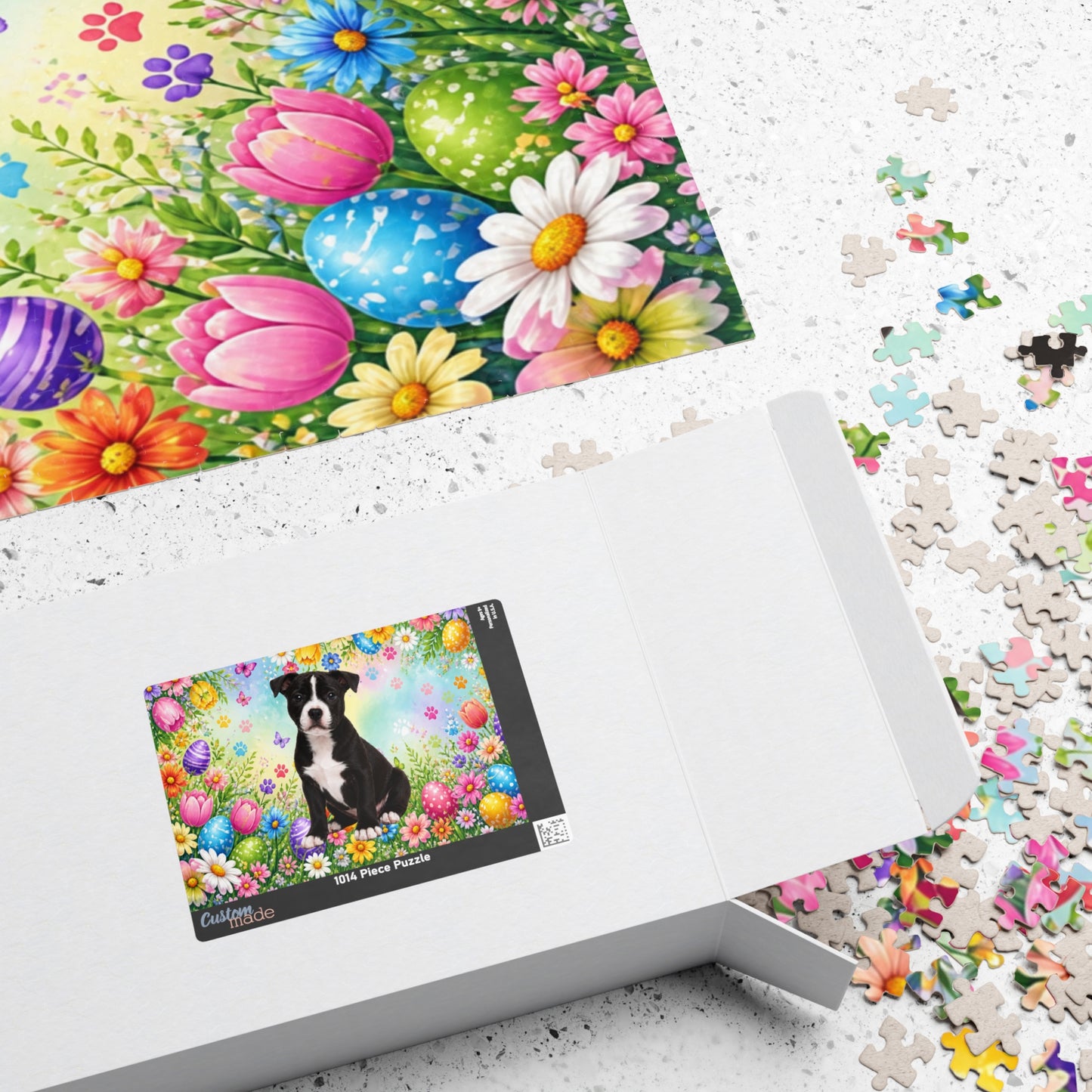 Pitbull (Black & White) Easter Puppy Puzzle - Spring Garden with Eggs, Tulips, and Daisies