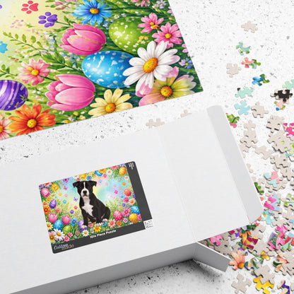 Pitbull (Black & White) Easter Puppy Puzzle - Spring Garden with Eggs, Tulips, and Daisies