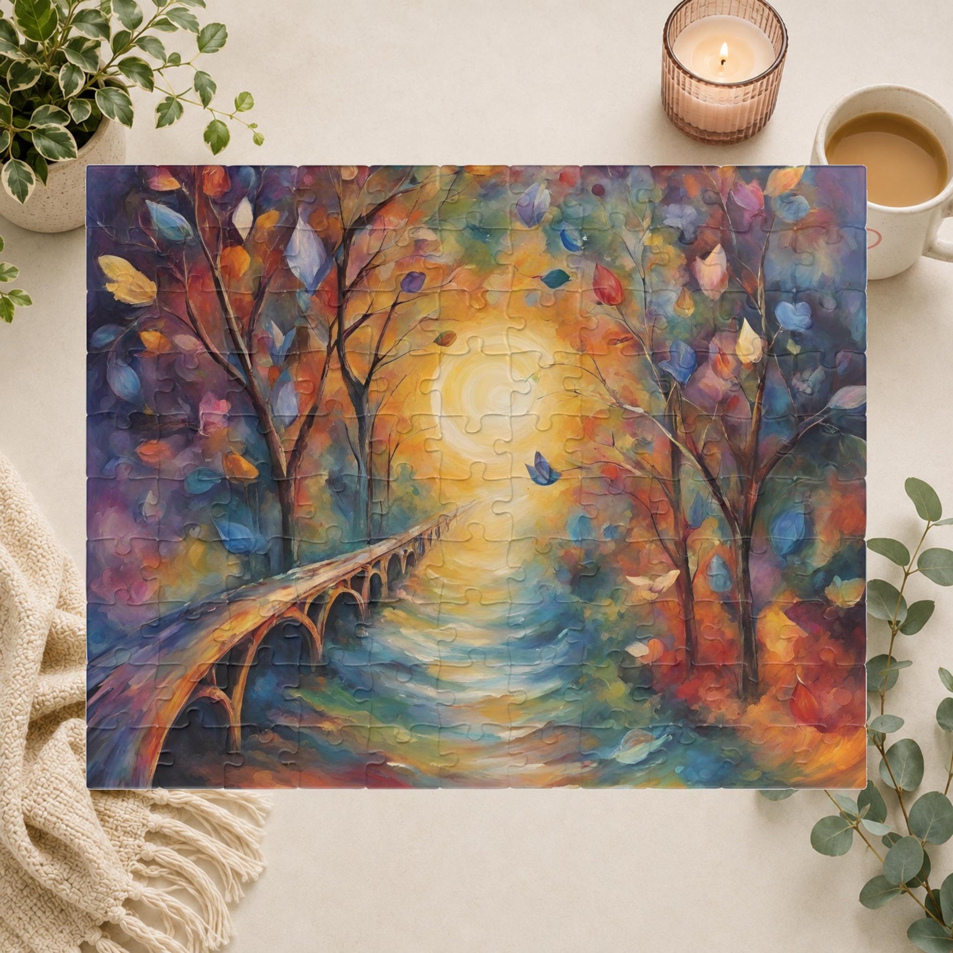 Colorful painting of a bridge over water with trees and a butterfly.