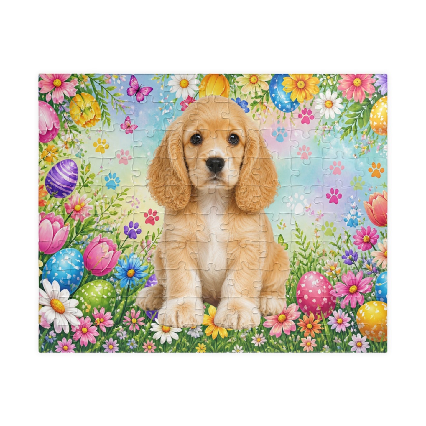 American Cocker Spaniel (Lemon & White) Easter Puppy Puzzle - Spring Garden with Eggs, Tulips, and Daisies