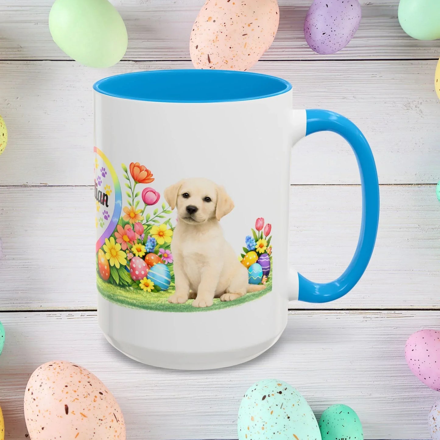 Shop our labrador retriever yellow pale buttemilk puppy easter mug featuring the 15oz style option from MySisterIsASurvivor.