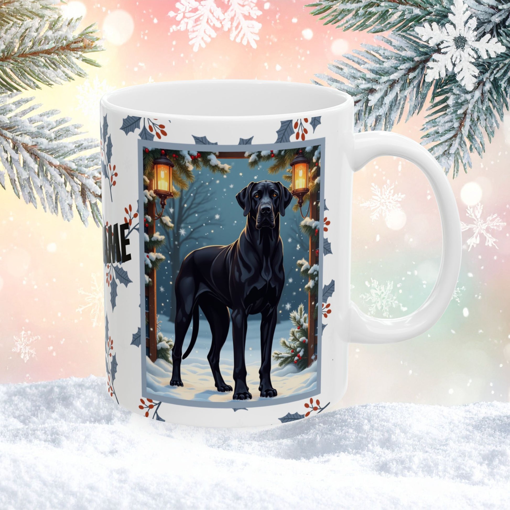 Great Dane (Black) Winter Mug - black Great Dane illustrated standing tall in a winter setting with snowy background