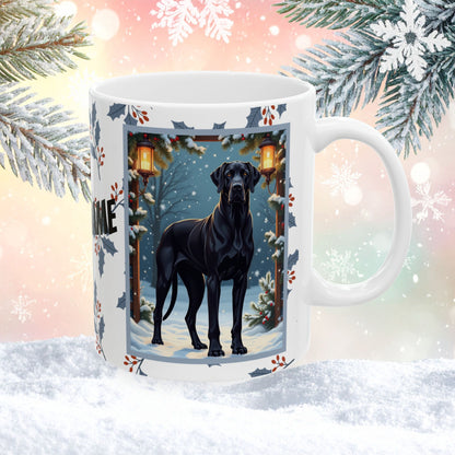 Great Dane (Black) Winter Mug - black Great Dane illustrated standing tall in a winter setting with snowy background
