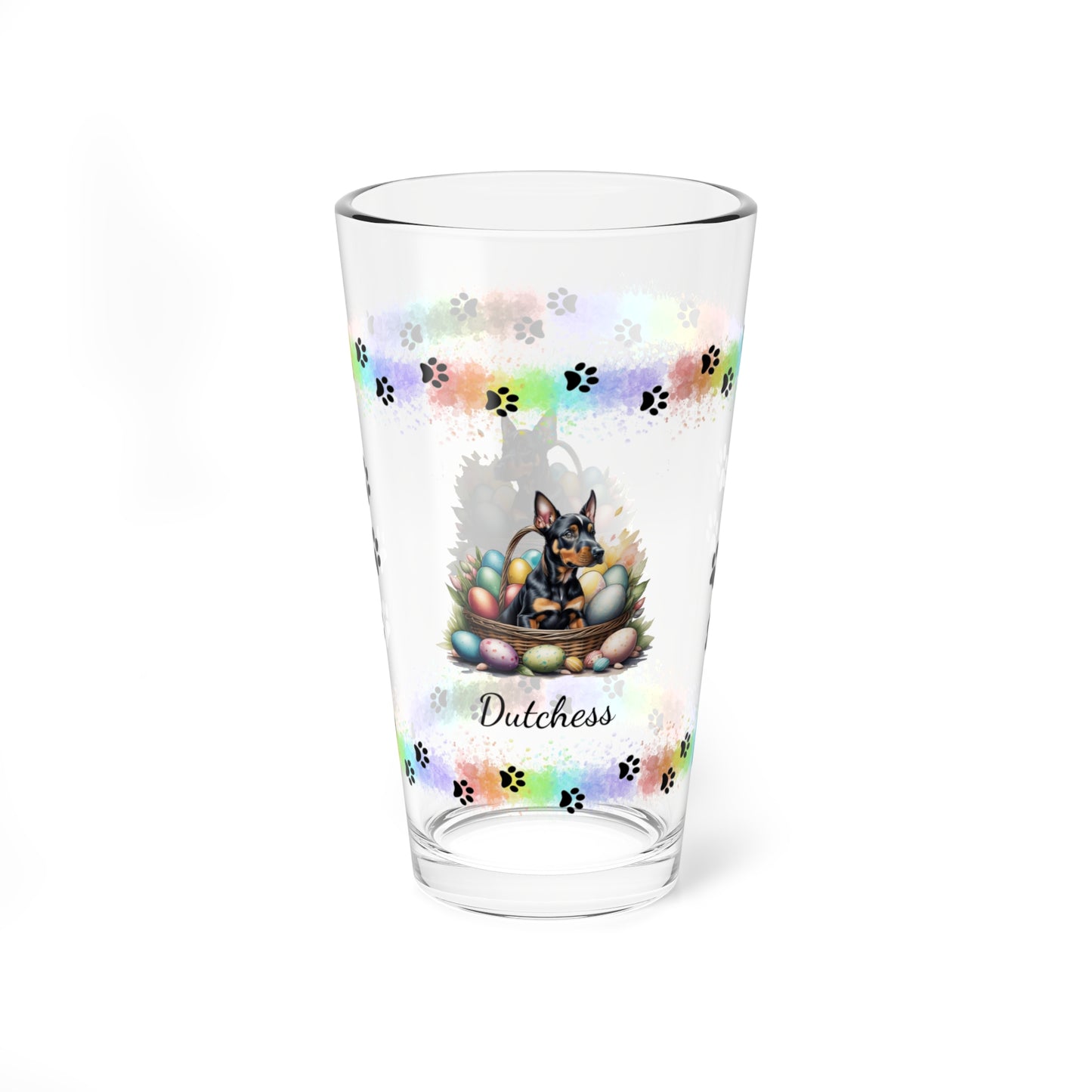 Doberman Personalized Easter Puppy 16oz Pint Glass - Custom Dog Design, Mental Health Gift, Easter Décor, and Festive Celebrations