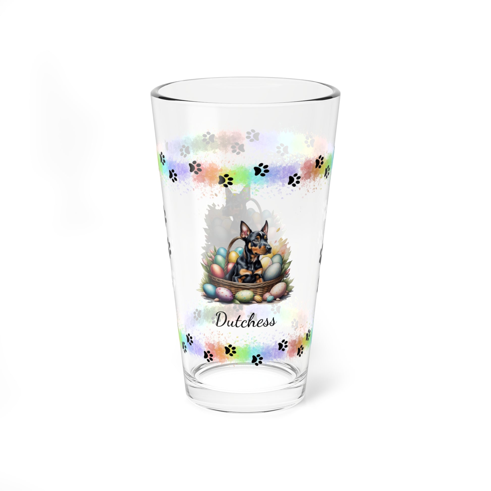 Doberman Personalized Easter Puppy 16oz Pint Glass - Custom Dog Design, Mental Health Gift, Easter Décor, and Festive Celebrations