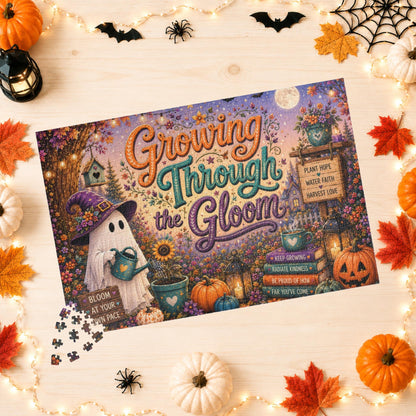 Growing Through the Gloom Halloween Puzzle - Ghost Watering Heart Plant with Bloom at Your Own Pace Sign