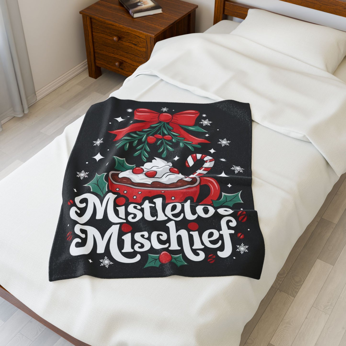 Holiday blanket “Mistletoe Mischief” cute Christmas throw with festive winter design for cozy fun