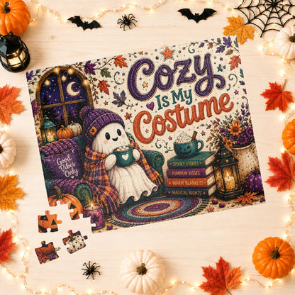 Cozy Is My Costume Halloween Puzzle - Ghost in Beanie with Good Vibes Pillow and Spooky Story Books