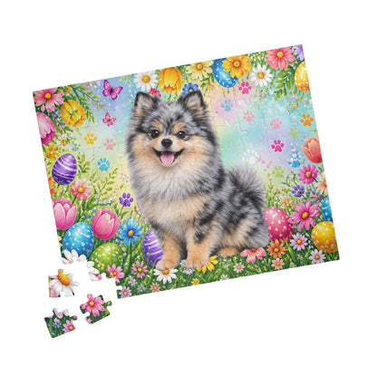 Pomeranian (Blue Merle) Easter Puppy Puzzle - Spring Garden with Eggs, Tulips, and Daisies