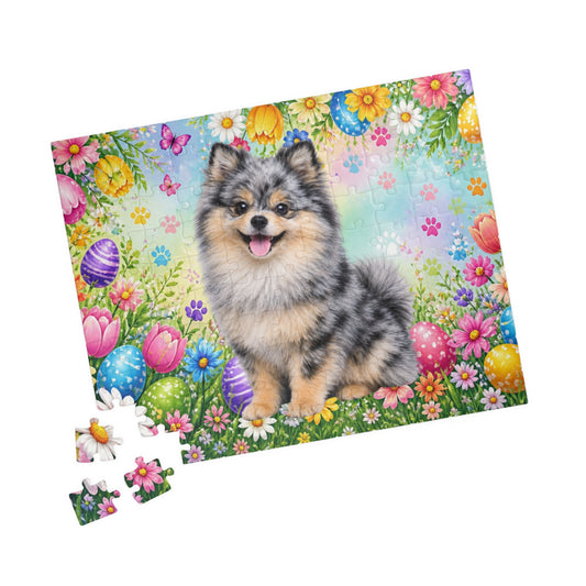 Pomeranian (Blue Merle) Easter Puppy Puzzle - Spring Garden with Eggs, Tulips, and Daisies